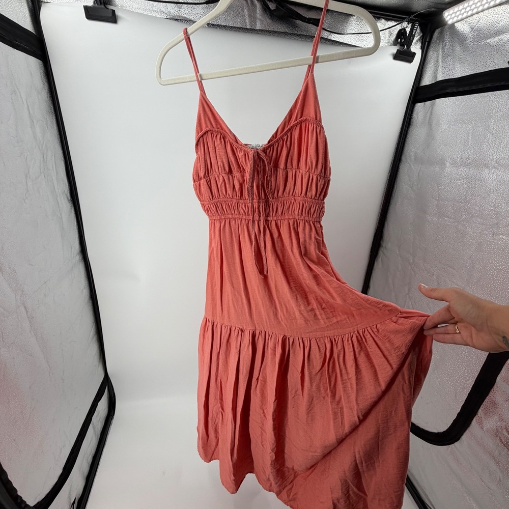By The River Coral Pink Smocked Tiered Midi Dress Small Adjustable Straps Boho
